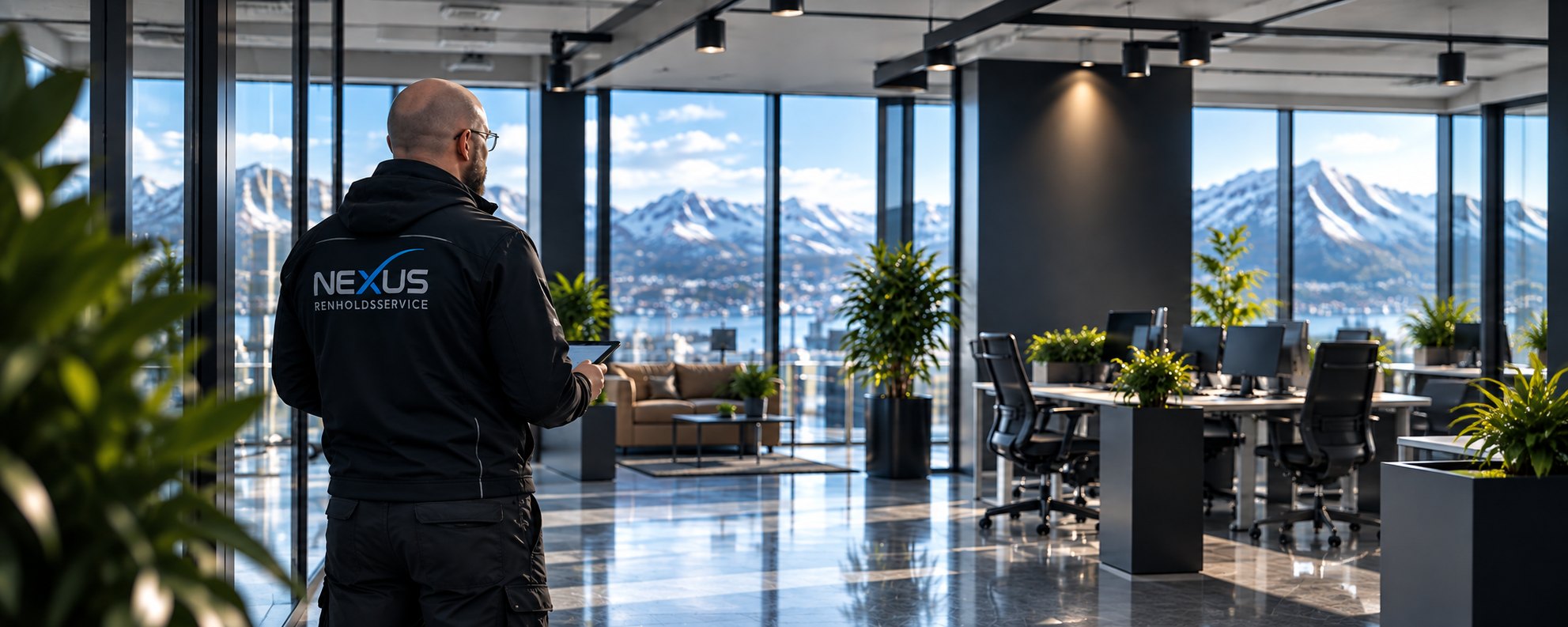 Stefan Ivarsen ser over lokalet, Nexus på ryggen